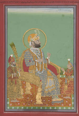 
	
		Portrait by Phalemi of Maharana Swarup Singh flanked by Madho Singh and Govalda, 1850,...