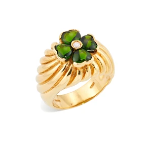 An Italian diamond and tourmaline ring, set with a brilliant-cut diamond and four cabochon heart...