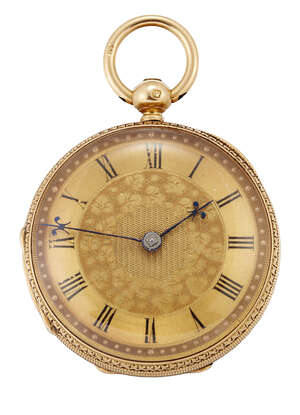 
	
		A 19th century 18ct gold fob watch, the foliate engraved champagne dial with black enamel...