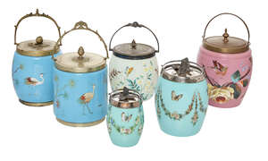 
	
		Six Continental glass biscuit barrels, late 19th/20th century, all with metal lids, on...
