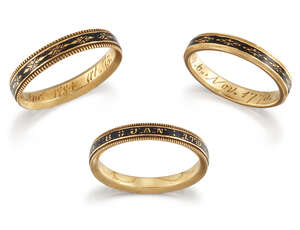 
	
		Three George III gold and black enamel mourning rings, comprising: one with black enamel...
