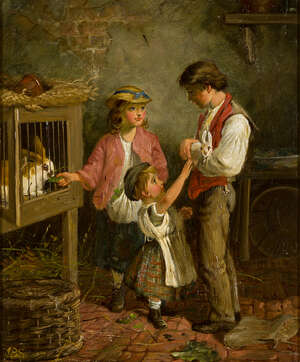 
	
		John Bell-Smith, 
		British/Canadian 1810-1883- 
		 
		Children playing with rabbits,...