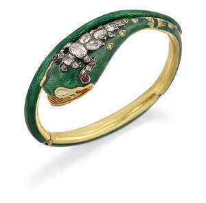 
	
		A Victorian gold, diamond and enamel serpent bangle, of green guilloche enamel, the head...