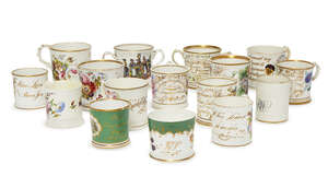 
	
		An English Staffordshire porcelain twin handled mug, 19th century,  decorated with sprays...