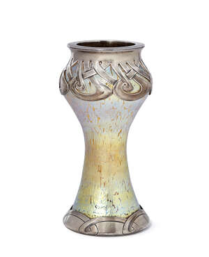 
	
		Loetz, an iridescent glass vase with silver mounts designed by Henri van de Velde...
