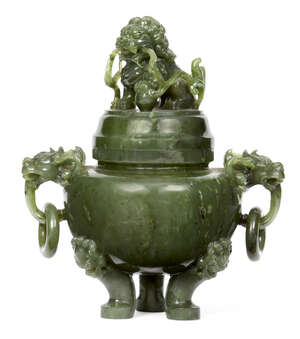 
	
		A Chinese spinach jade tripod censer, 19th century, the cover surmounted with carved...