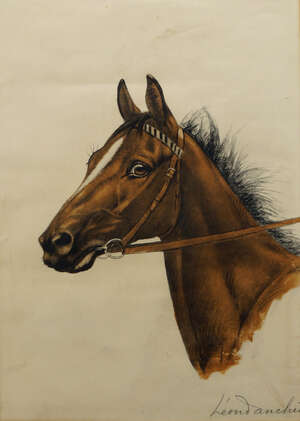 
	
		Leon Danchin, French 1887-1938- Horse's head in a bridle; reproduction print in colours,...