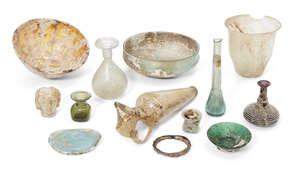 
	
		A group of glass vessels Hellenistic-Roman periods and Later, including a damaged...