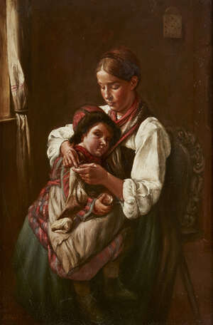 
	
		Emil Pap, 
		Hungarian 1884-1955- 
		 
		Portrait of a mother and child seated by a...