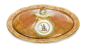 
	
		A Chamberlains Worcester oval entree dish and cover, 1802, the pale salmon and gilt...