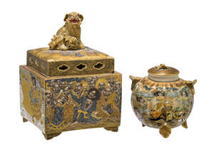 
	
		Two Japanese satsuma censers, Meiji period, one of square form, finely painted with panel...