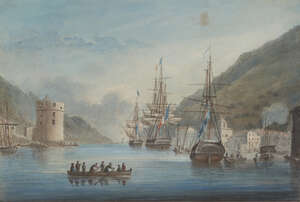 
	
		British School, 
		early 19th century- 
		 
		English and French frigates at anchor in...