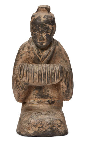 
	
		A Chinese Han-style pottery burial rite figure, moulded and carved as a kneeing figure,...