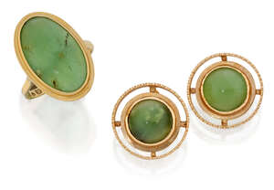 
	
		A chrysoprase ring and earrings by Flavia, the ring with single oval cabochon chrysoprase...