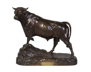 
	
		A French bronze model of a bull, 19th century, cast by Peyrol from a model by Isidore...