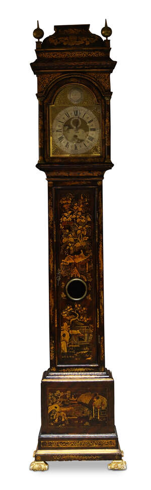 
	
		A George II japanned longcase clock by Markwick Markham, London, c.1750, the hood with...