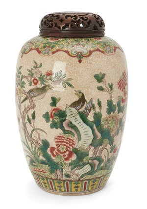 
	
		A large Chinese famille verte on crackle ground ovoid jar, 19th/20th century, enamelled...