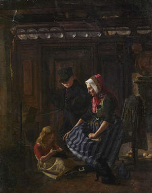 Johan Frederik Busch, Danish 1825-1883- 
Family in a cottage interior; 
oil on canvas laid down...