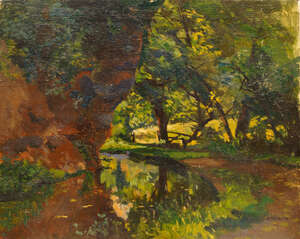 
	
		British School, early 20th century- Wooded landscape; oil on canvas, signed Ambrose,...