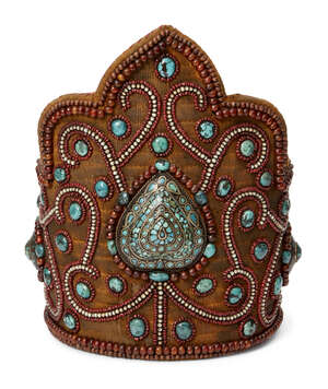 
	
		A Tibetan gem-set woven silk crown, mid-19th century, with central turquoise set and wire...