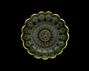 A gilt, circular and scalloped, cut green glass shallow dish,&nbsp;Bohemia or central Europe for the...