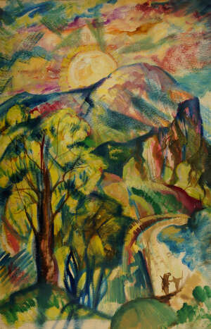 
	
		Robert Dumont-Smith, 
		British 1908-1994
		 
		Sun rising over a rural landscape;...