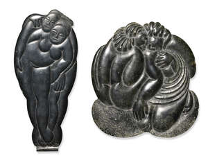 
	
		Two green hardstone figural relief carvings, possibly African, c.1920/30, each carved...