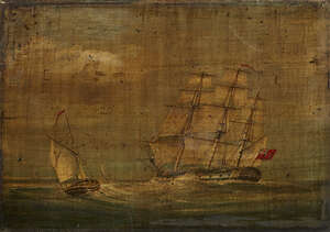 
	
		British School, 
		19th century- 
		 
		British Man-o-war under full sail;
		 
		oil...