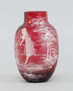 
	
		A Victorian Mary Gregory glass vase, 10th century, painted with a figure of a girl...