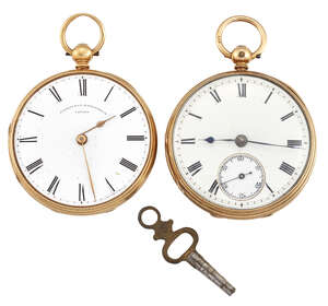 
	
		Two 18ct gold open face pocket watches, each with white enamel dials with Roman numerals,...