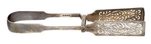 
	
		A pair of William IV silver asparagus tongs, London, c.1837, William Eaton, the pierced...