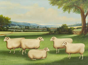 
	
		English Provincial School, 
		late 19th Century- 
		Sheep in a field, hills and a...