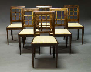 
	
		A set of six stained beech lattice back dining chairs, of recent manufacture, with drop...