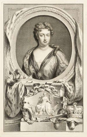 Jacobus Houbraken, 
		Dutch 1698-1780- 
		 
		Queen Anne, after Sir Godfrey Kneller; 
		 
		copper engraving, dated 1744 within the plate, 36x22.5cm: to