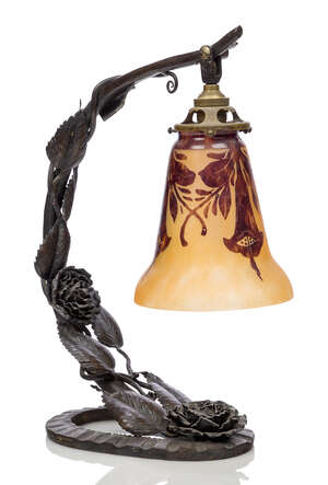 
	
		Le Verre Français , a French Art Deco cameo glass and wrought-iron table lamp 
		c.1930,...
