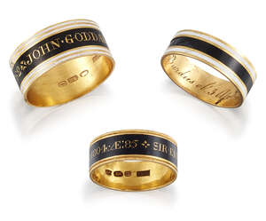 
	
		Three George III gold and enamel mourning rings, comprising: a black enamel band bearing...