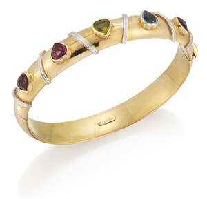 
	
		Theo Fennell, a gem-set bangle, inset with heart-shaped garnet, tourmaline, peridot and...