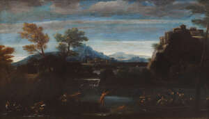 
	
		Circle of Pietro Paolo Bonzi, 
		Italian 1575-1636- 
		 
		Bathers in a lake with...