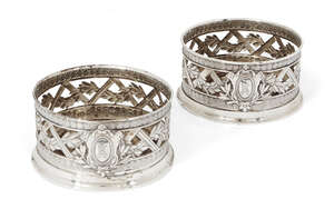 
	
		A pair of German .800 silver wine coasters, Schwäbisch Gmünd, c.1900, Gebrüder Kühn, 