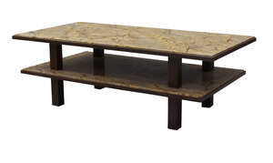 
	
		A marble and bronzed two tier coffee table,
		c.1980,
		with two graduated rectangular...