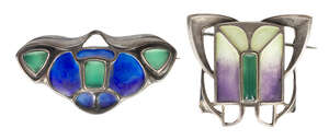 
	
		German, two Jugendstil silver, enamel and chrysoprase brooches probably made in...