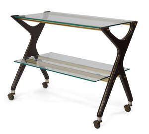 
	
		Manner of Ico Parisi, two-tier trolley, circa 1950/60, stained wood, glass, brass, 61cm...
