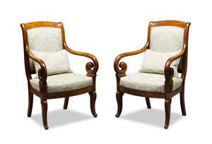 
	
		A pair of Louis Philippe mahogany and upholstered fauteuils, c.1840, the rectangular...