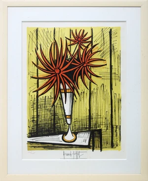 Bernard Buffet,&nbsp;French 1928-1999,&nbsp;Les Trois Dahlias, 1983;&nbsp;lithograph in colours on wove,&nbsp;signed and...