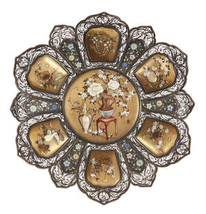 
	
		A Japanese shibayama dish, the floral form filigree body with prunus pattern lacquer...