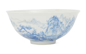 
	
		A Chinese porcelain bowl, late Republic period, painted in blue enamel with an expansive...