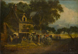 
	
		British School, 
		early-mid 19th century- 
		 
		British cavalry departing from a...