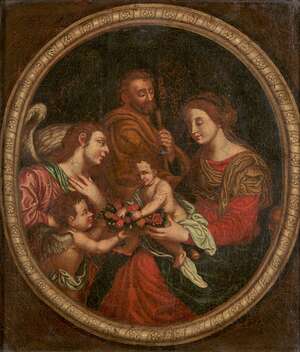 Sevillian School, 
		17th Century- 
		The adoration of the infant Christ; 
		oil on canvas, bears initials (lower right), 39.8 x 34.6 cm. 
		Provenance: Pr