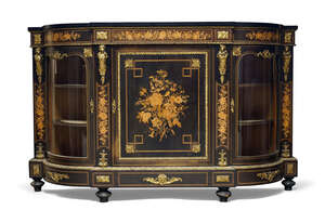 
	
		A Victorian ebonised, inlaid and gilt metal mounted credenza, with overall floral...