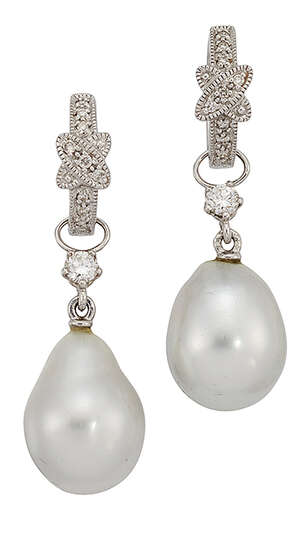 
	
		A pair of cultured pearl and diamond earrings, the pear shaped cultured pearl detachable...